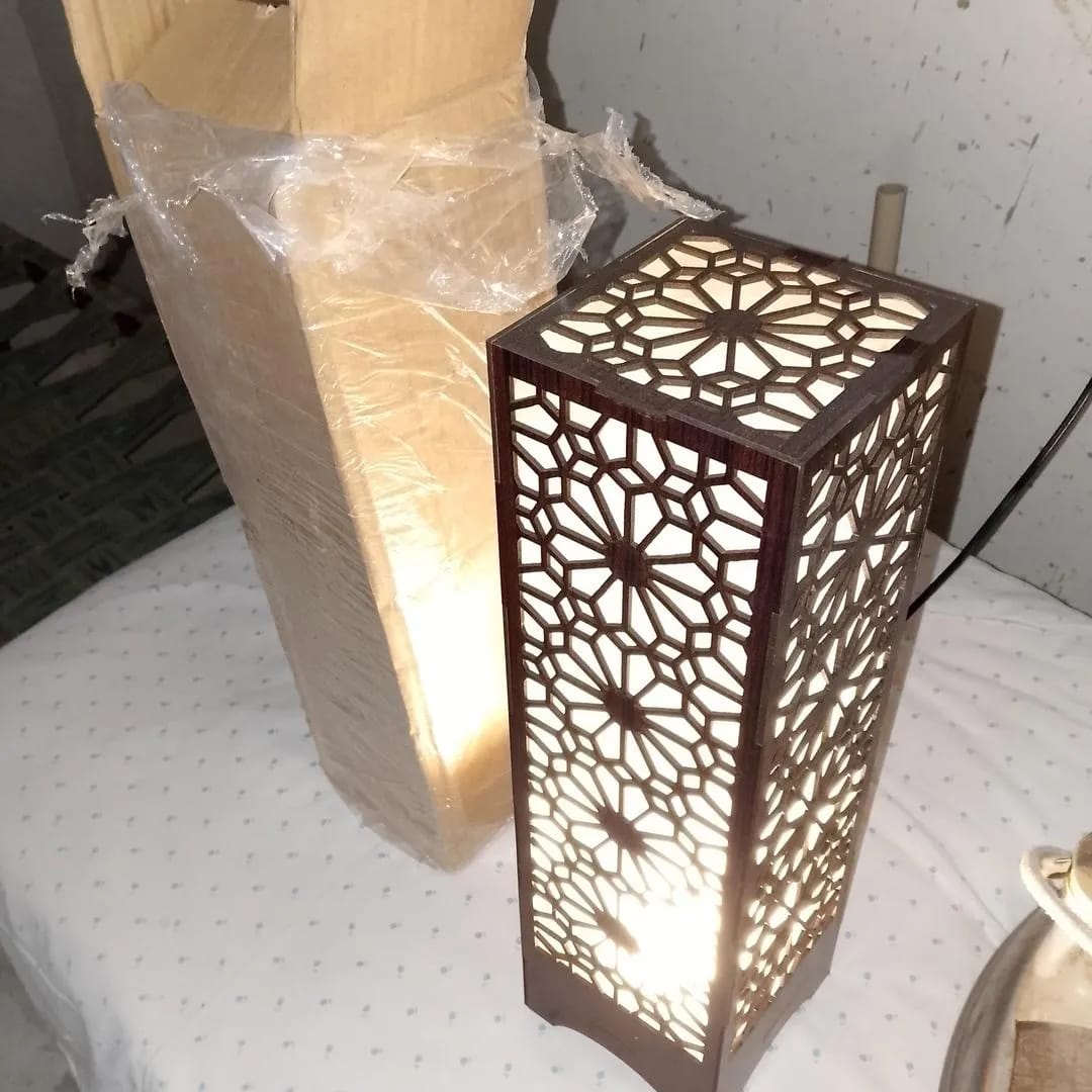 Buy Luxury 3D Wooden Islamic Star Pattern Floor Lamp Online Royal Geometric Mandala Column Floor Lamp – Matte Black/Rich Walnut Architectural Accent Light
