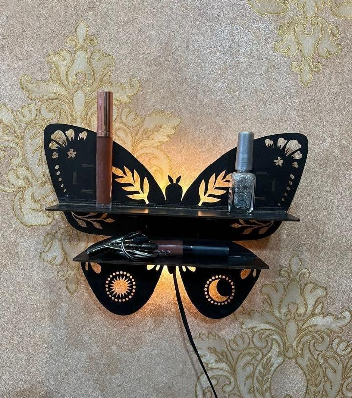 Lighted Butterfly Floating Shelf with Moon & Sun Cut-outs – Luxury Crystal Display Stand