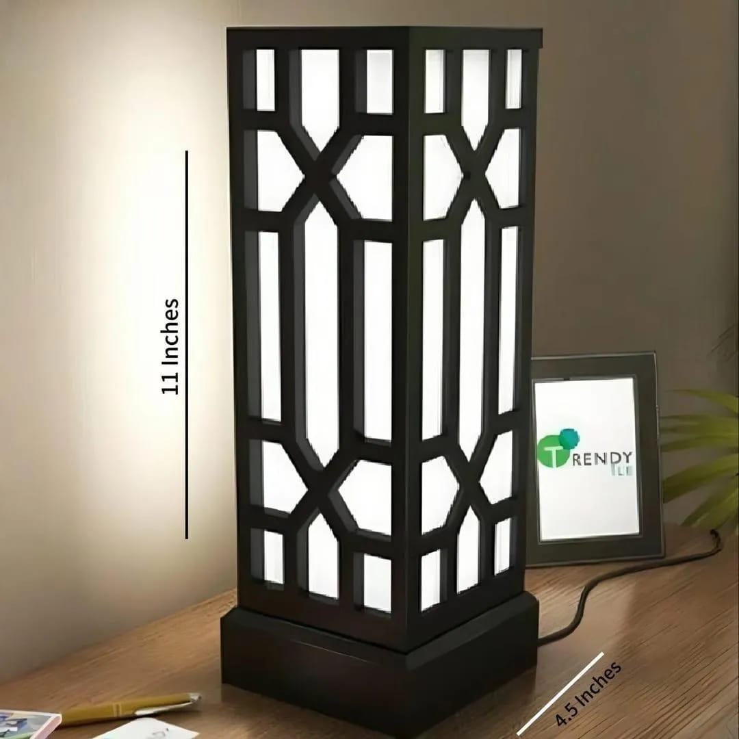 Nordic Minimalist Geometric Night Stand Lamp – Matte Black Ambient Wood Light (11x4.5 Inches)