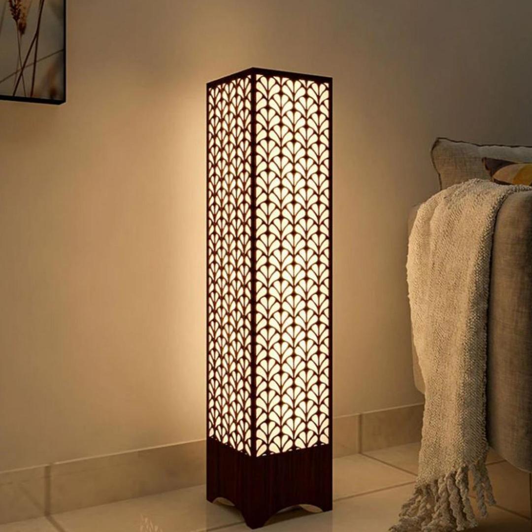 Nordic Repeating Leaf Column Floor Lamp – Matte Black Botanical Sculptural Light
