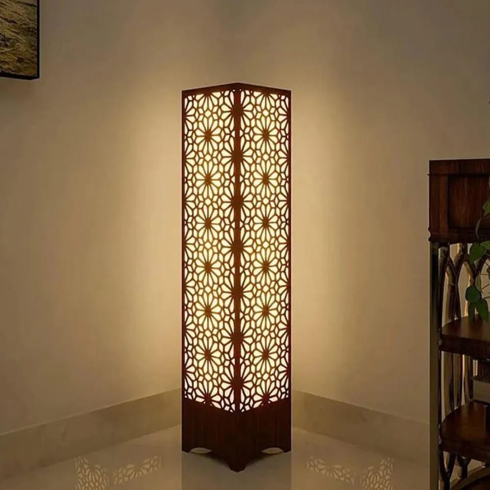 Buy Luxury 3D Wooden Islamic Star Pattern Floor Lamp Online Royal Geometric Mandala Column Floor Lamp – Matte Black/Rich Walnut Architectural Accent Light