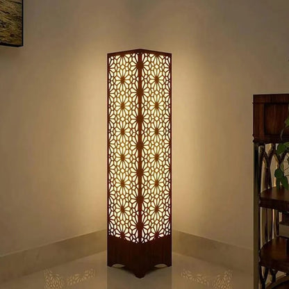 Buy Luxury 3D Wooden Islamic Star Pattern Floor Lamp Online Royal Geometric Mandala Column Floor Lamp – Matte Black/Rich Walnut Architectural Accent Light