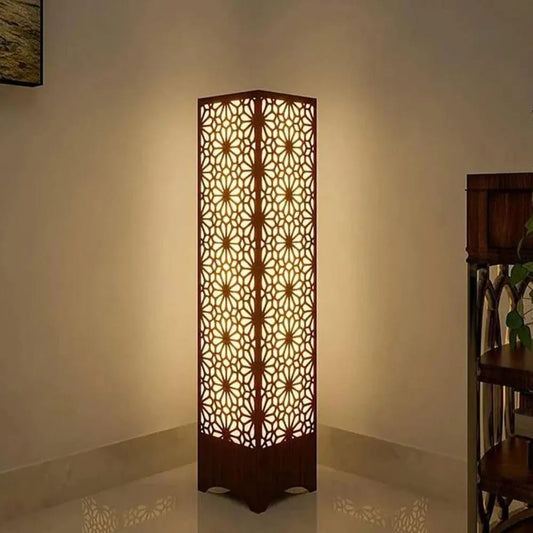 Buy Luxury 3D Wooden Islamic Star Pattern Floor Lamp Online Royal Geometric Mandala Column Floor Lamp – Matte Black/Rich Walnut Architectural Accent Light