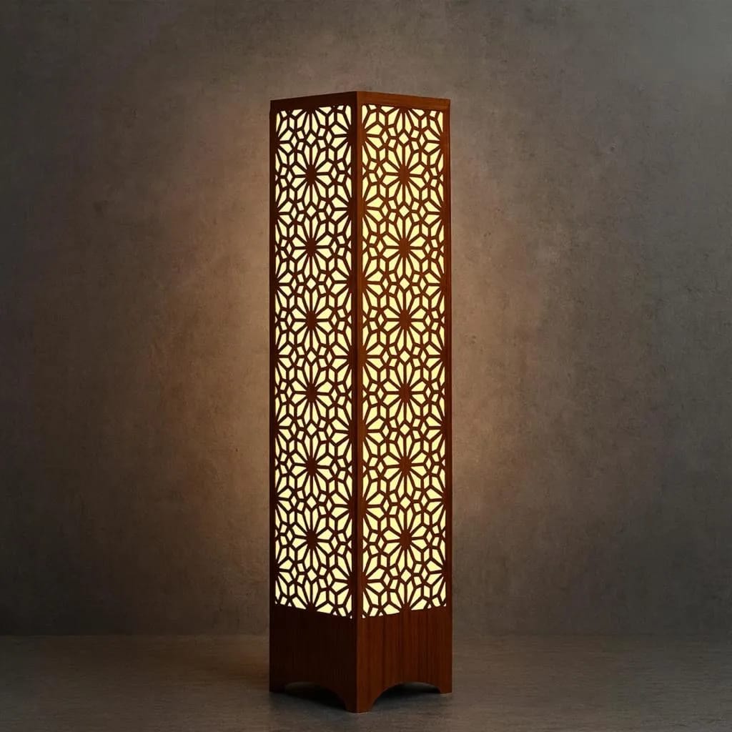 Buy Luxury 3D Wooden Islamic Star Pattern Floor Lamp Online Royal Geometric Mandala Column Floor Lamp – Matte Black/Rich Walnut Architectural Accent Light