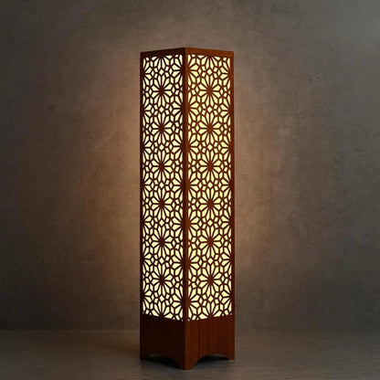 Buy Luxury 3D Wooden Islamic Star Pattern Floor Lamp Online Royal Geometric Mandala Column Floor Lamp – Matte Black/Rich Walnut Architectural Accent Light