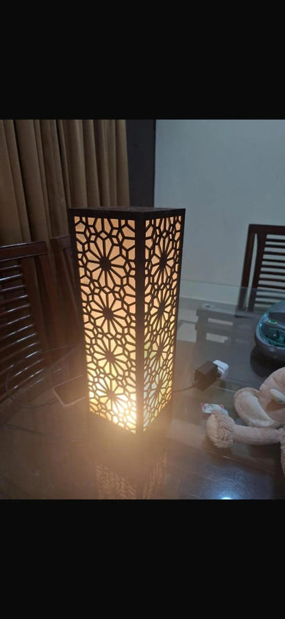 Buy Luxury 3D Wooden Islamic Star Pattern Floor Lamp Online Royal Geometric Mandala Column Floor Lamp – Matte Black/Rich Walnut Architectural Accent Light