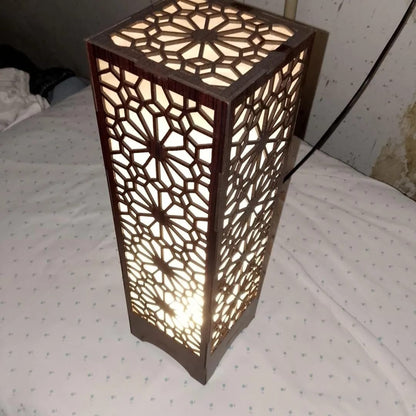 Buy Luxury 3D Wooden Islamic Star Pattern Floor Lamp Online Royal Geometric Mandala Column Floor Lamp – Matte Black/Rich Walnut Architectural Accent Light