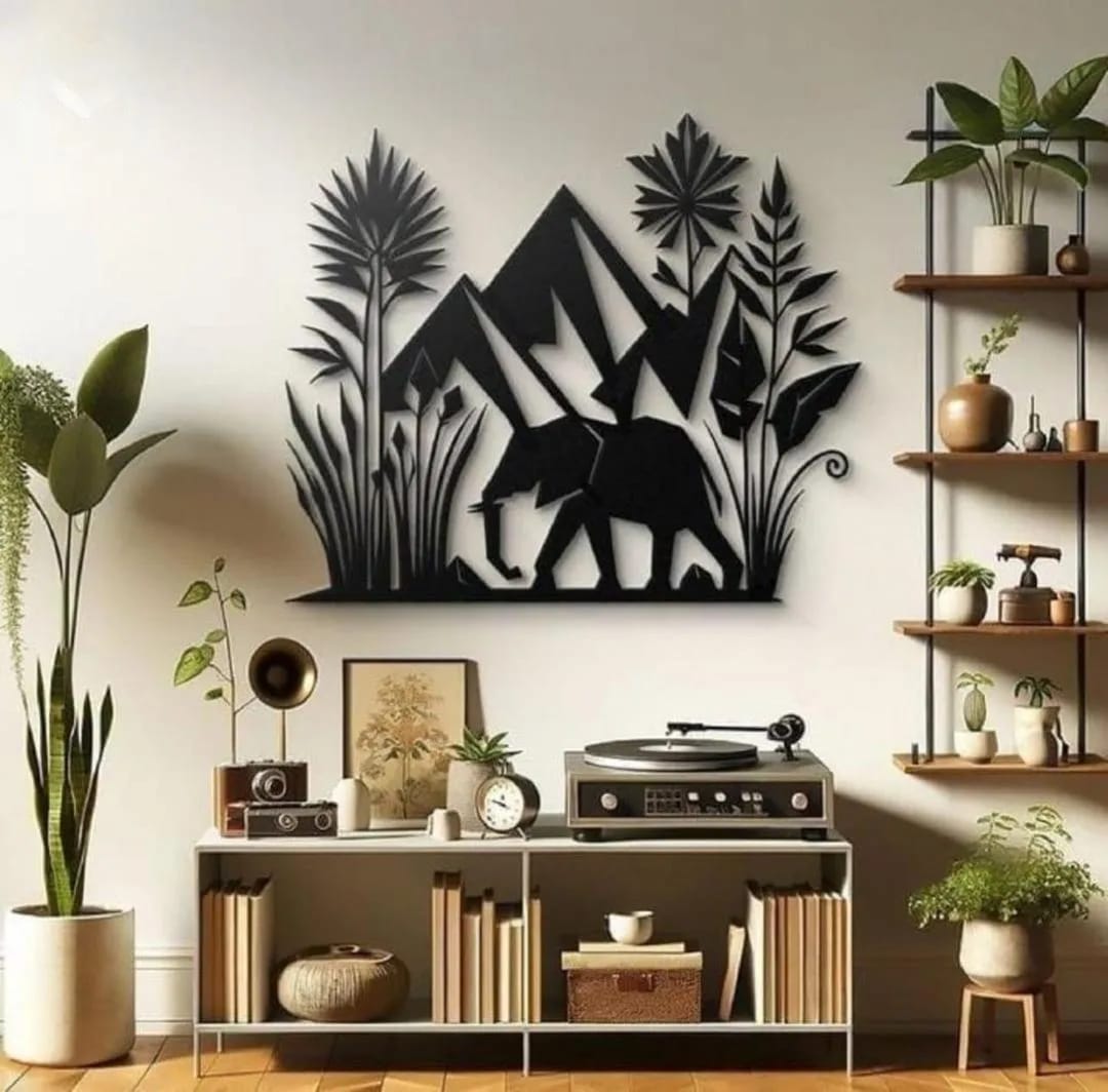 Premium 3D Wooden Elephant Safari Wall Art | Geometric Mountain & Jungle Decor