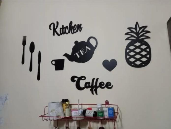Kitchen & Coffee" Signboard Collage with Pineapple, Teapot & Cutlery Cutouts