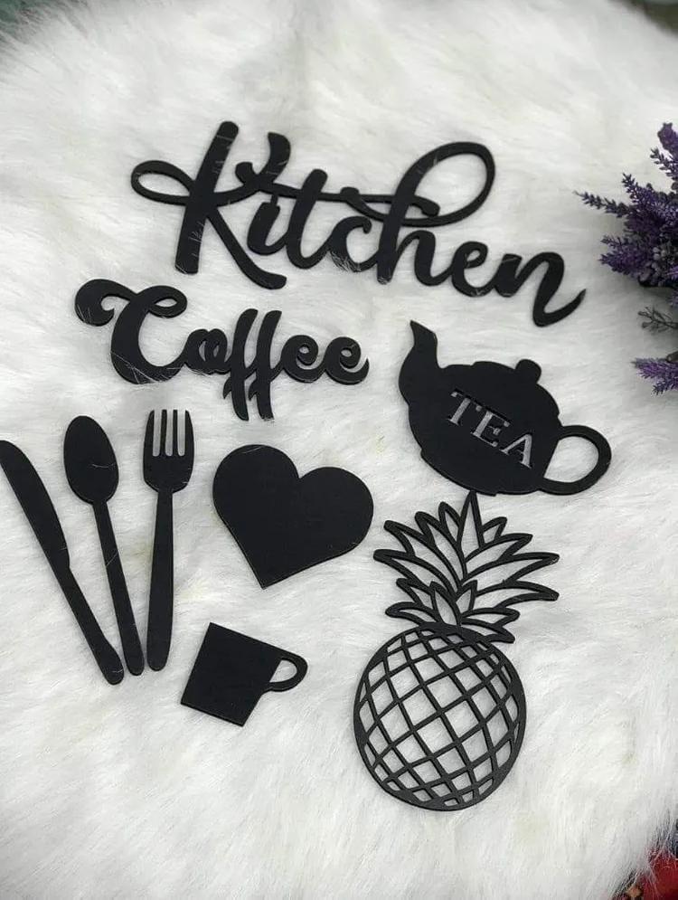 Kitchen & Coffee" Signboard Collage with Pineapple, Teapot & Cutlery Cutouts