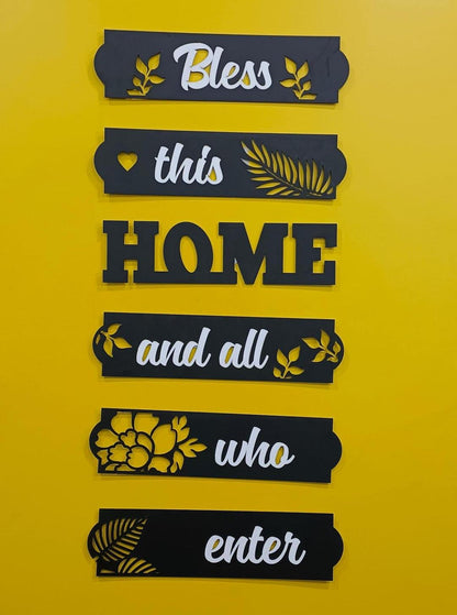 Premium 6-Piece Wooden "Bless This Home" Wall Art Set | Modern Vertical Quote Sign