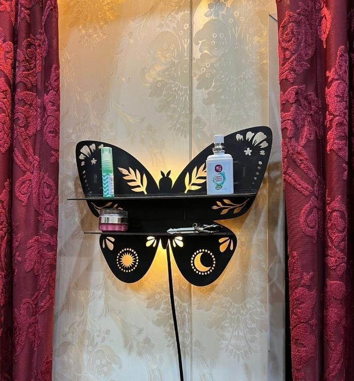 Lighted Butterfly Floating Shelf with Moon & Sun Cut-outs – Luxury Crystal Display Stand