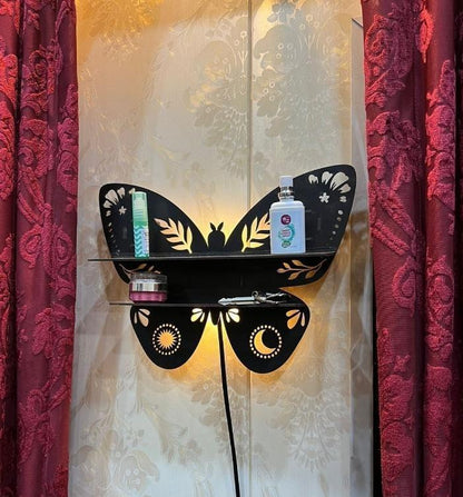 Lighted Butterfly Floating Shelf with Moon & Sun Cut-outs – Luxury Crystal Display Stand