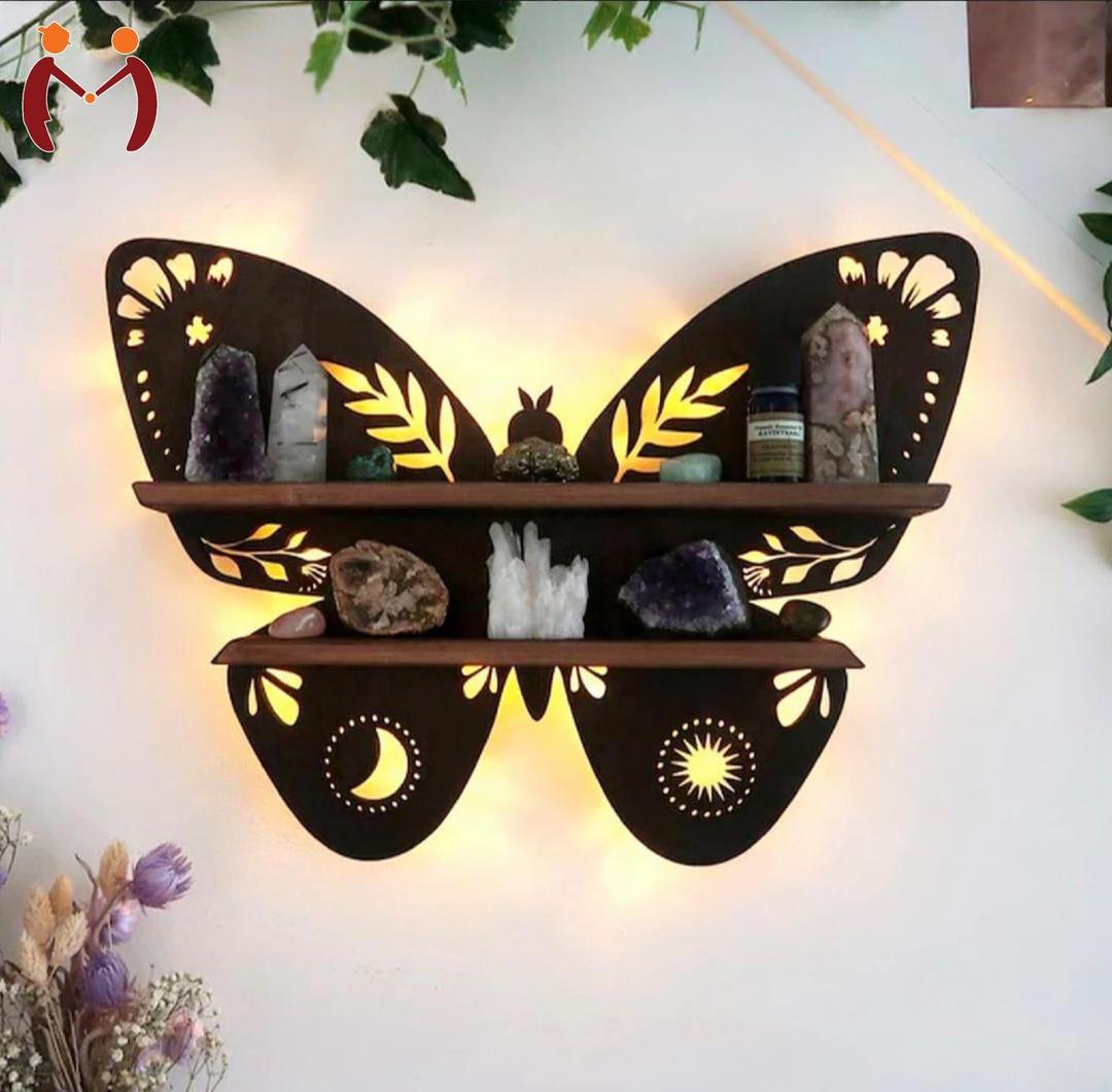 Lighted Butterfly Floating Shelf with Moon & Sun Cut-outs – Luxury Crystal Display Stand