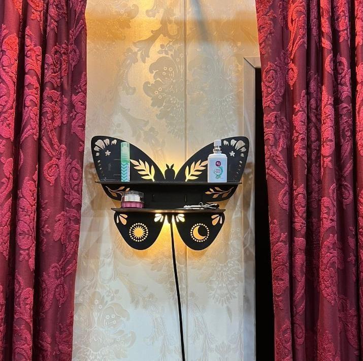 Lighted Butterfly Floating Shelf with Moon & Sun Cut-outs – Luxury Crystal Display Stand