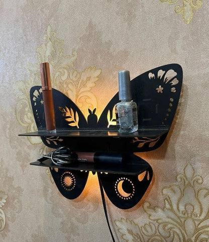 Lighted Butterfly Floating Shelf with Moon & Sun Cut-outs – Luxury Crystal Display Stand