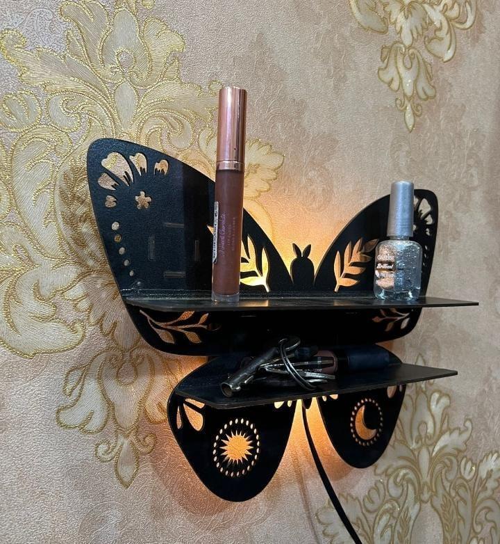 Lighted Butterfly Floating Shelf with Moon & Sun Cut-outs – Luxury Crystal Display Stand
