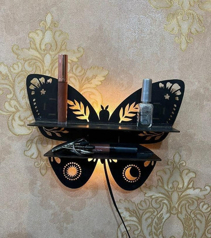 Lighted Butterfly Floating Shelf with Moon & Sun Cut-outs – Luxury Crystal Display Stand
