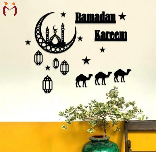 Complete Ramadan Kareem Door & Wall Decoration Collage – Matte Black Lanterns & Camels Set