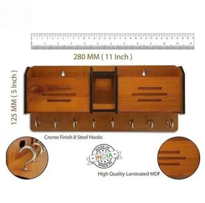 3-in-1 Wooden Wall-Mounted Desk Organizer | Dual Mobile & Pen Holder with 7 Key Hooks