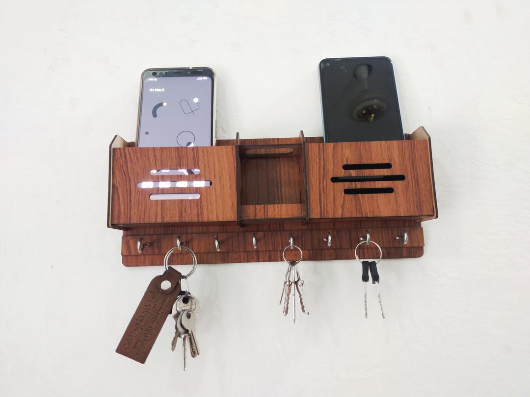 3-in-1 Wooden Wall-Mounted Desk Organizer | Dual Mobile & Pen Holder with 7 Key Hooks