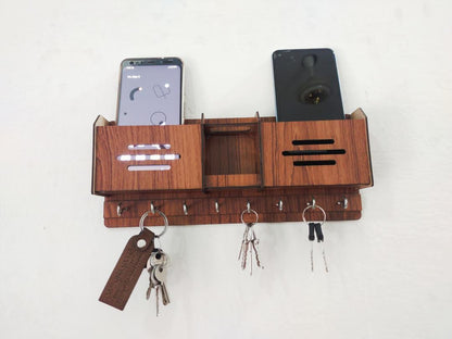 3-in-1 Wooden Wall-Mounted Desk Organizer | Dual Mobile & Pen Holder with 7 Key Hooks