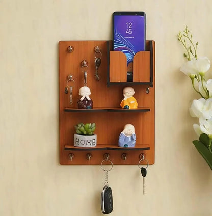 3-in-1 Wooden Wall-Mounted Desk Organizer | Dual Mobile & Pen Holder with 7 Key Hooks