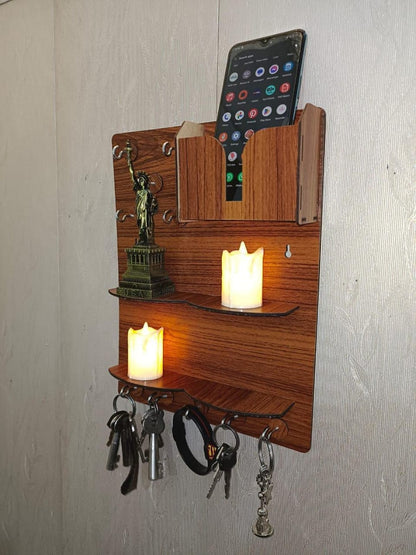 3-in-1 Wooden Wall-Mounted Desk Organizer | Dual Mobile & Pen Holder with 7 Key Hooks