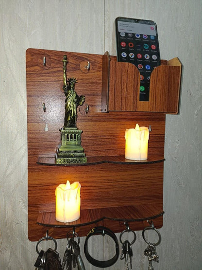3-in-1 Wooden Wall-Mounted Desk Organizer | Dual Mobile & Pen Holder with 7 Key Hooks