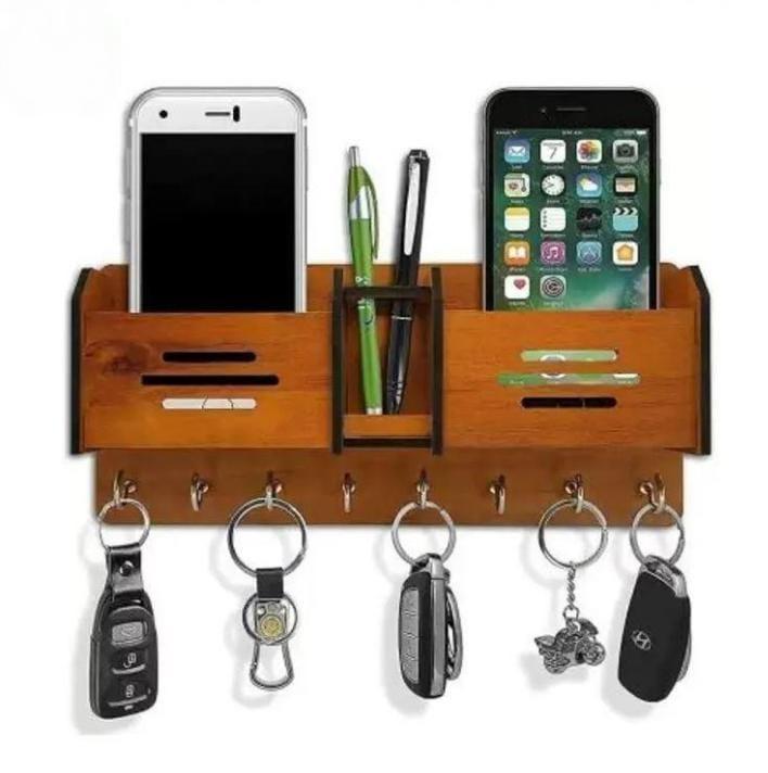 3-in-1 Wooden Wall-Mounted Desk Organizer | Dual Mobile & Pen Holder with 7 Key Hooks