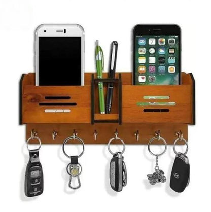 3-in-1 Wooden Wall-Mounted Desk Organizer | Dual Mobile & Pen Holder with 7 Key Hooks