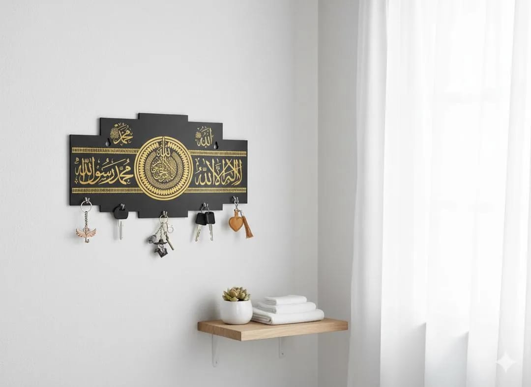olden Arabic Calligraphy Entryway Key Organizer – 5-Hook Matte Black Wall RacElegant Allah Muhammad Blessings Wall Key Holder – Wooden Islamic Home Decork