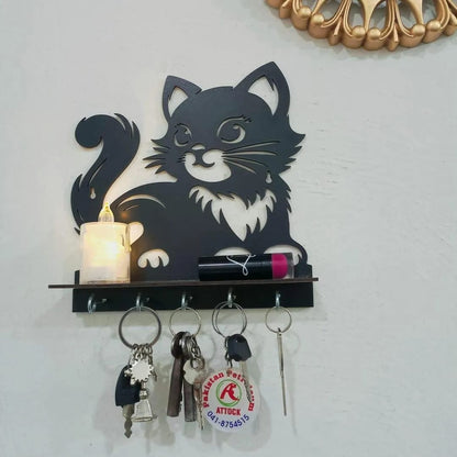 Cute Cat 3D Wooden Key Holder with Floating Shelf | 5-Hook Wall Mounted Key Organizer