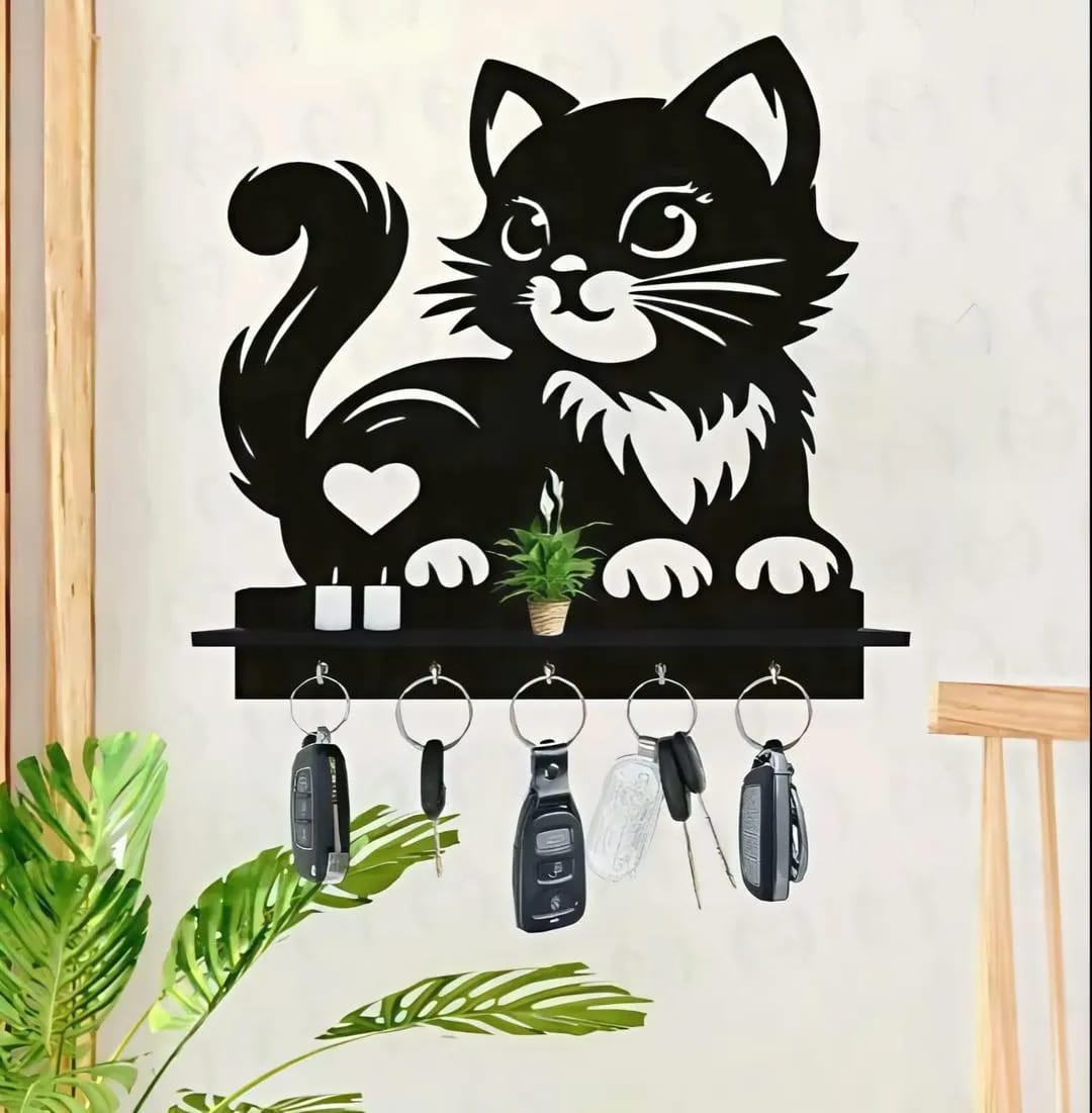 Cute Cat 3D Wooden Key Holder with Floating Shelf | 5-Hook Wall Mounted Key Organizer