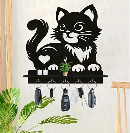 Cute Cat 3D Wooden Key Holder with Floating Shelf | 5-Hook Wall Mounted Key Organizer