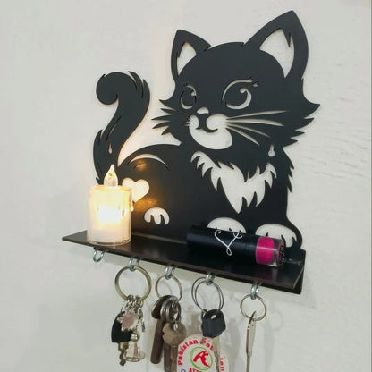 Cute Cat 3D Wooden Key Holder with Floating Shelf | 5-Hook Wall Mounted Key Organizer