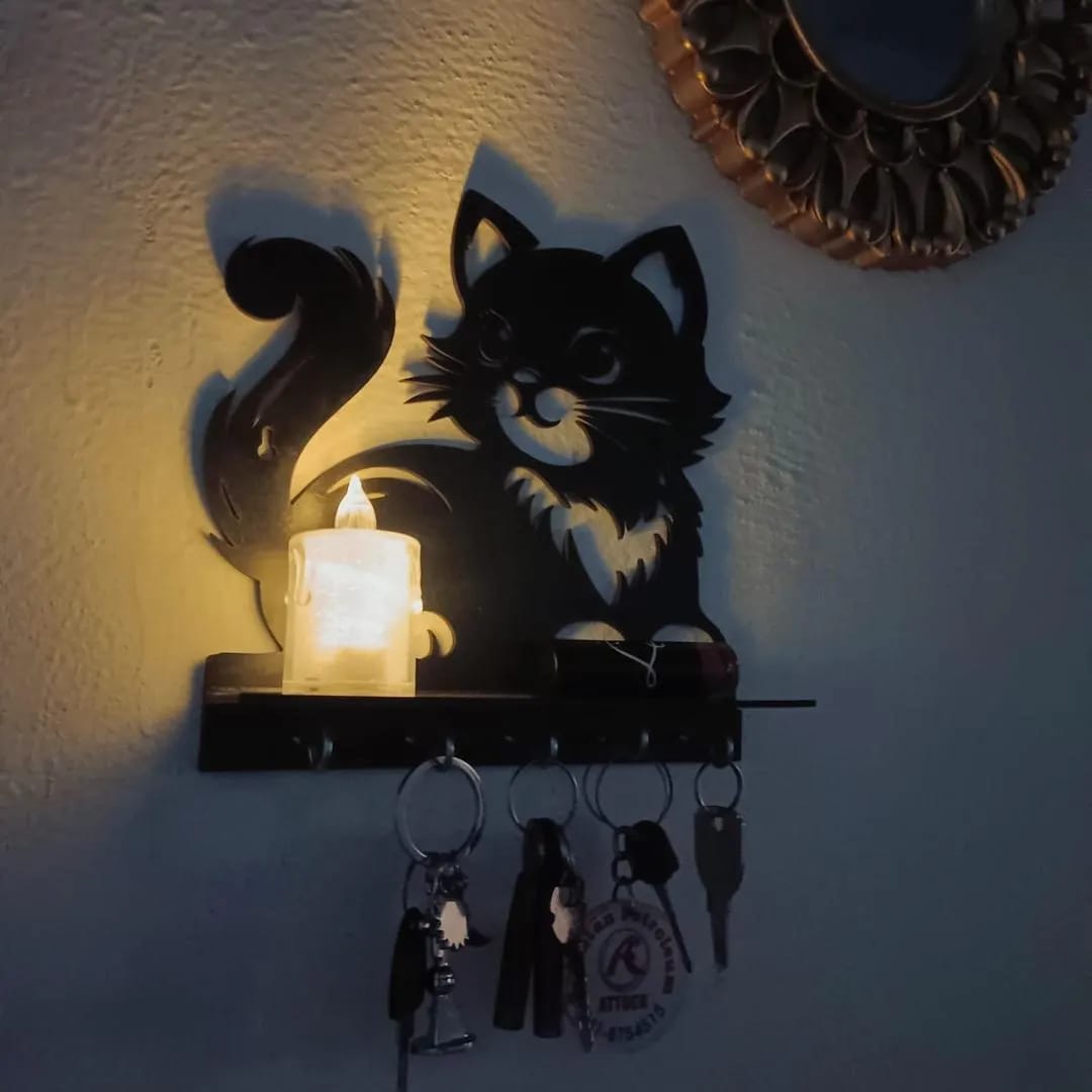 Cute Cat 3D Wooden Key Holder with Floating Shelf | 5-Hook Wall Mounted Key Organizer