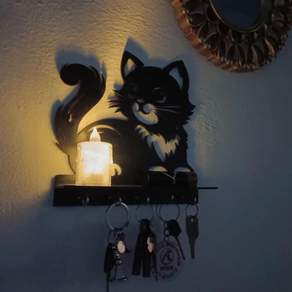 Cute Cat 3D Wooden Key Holder with Floating Shelf | 5-Hook Wall Mounted Key Organizer