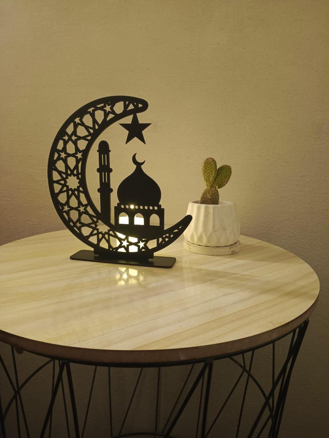 Luxury Ramadan Crescent Moon Wooden Table Decor | Islamic Mosque Silhouette Stand