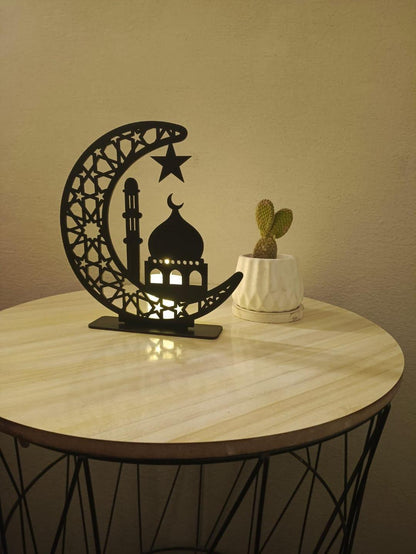Luxury Ramadan Crescent Moon Wooden Table Decor | Islamic Mosque Silhouette Stand