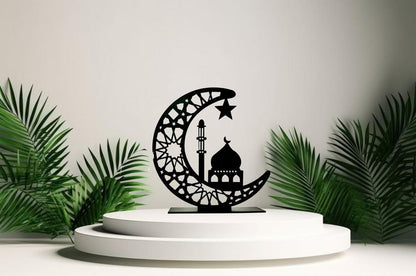 Luxury Ramadan Crescent Moon Wooden Table Decor | Islamic Mosque Silhouette Stand