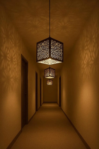 : Premium Geometric Mandala Wooden Pendant Light | 3D Laser-Cut Hanging Ceiling Lamp
