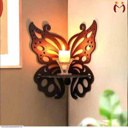 Creative 90-Degree Corner Butterfly Floating Shelf – Romantic Crystal & Tea-Light Stand