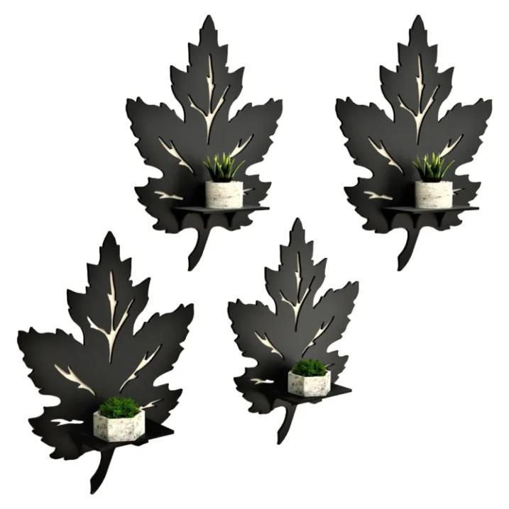 Luxury Chinar Leaf Floating Shelf Set – 4-Piece Geometric Botanical Wall DecorBuy 4-Piece 3D Maple Leaf Wall Mounted Floating Shelves Online