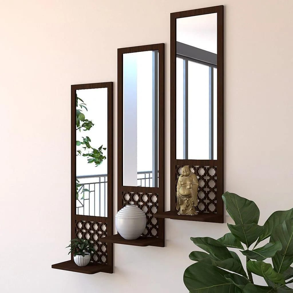 Luxury 3-Piece Vertical Wooden Wall Mirror Set | Geometric Jaali Work Accent Mirrors