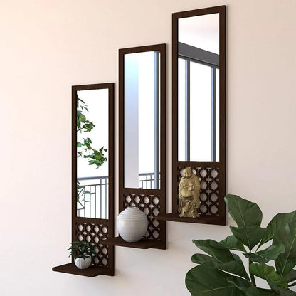 Luxury 3-Piece Vertical Wooden Wall Mirror Set | Geometric Jaali Work Accent Mirrors