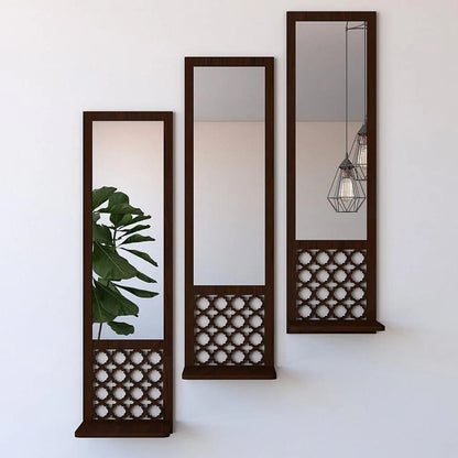Luxury 3-Piece Vertical Wooden Wall Mirror Set | Geometric Jaali Work Accent Mirrors