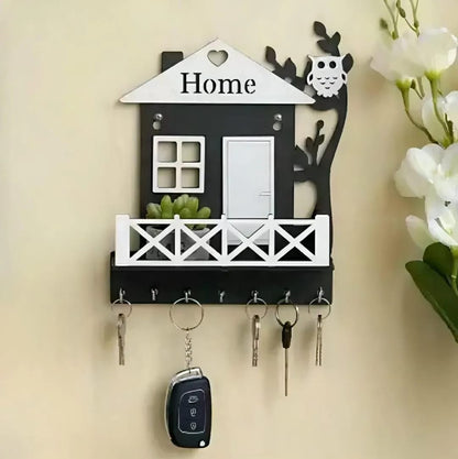HOME" Wall Mounted Key Rack with Pocket Shelf – Decorative Owl Tree Branch Entryway Organizer
