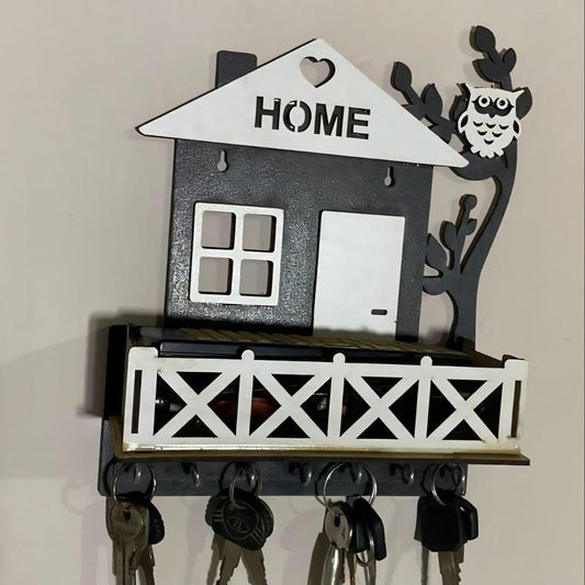 HOME" Wall Mounted Key Rack with Pocket Shelf – Decorative Owl Tree Branch Entryway Organizer