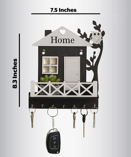 HOME" Wall Mounted Key Rack with Pocket Shelf – Decorative Owl Tree Branch Entryway Organizer